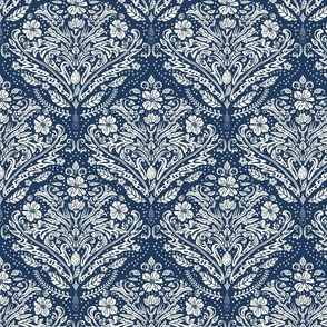 modern victorian damask, floral ornaments, off white on navy blue - medium scale