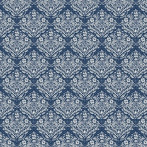 modern victorian damask, floral ornaments, off white on navy blue - small scale