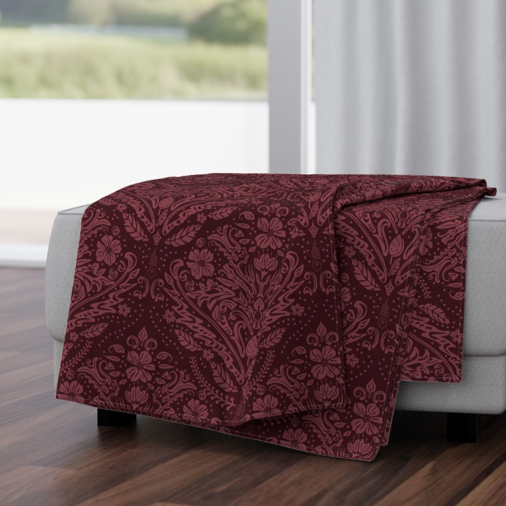 modern victorian damask, floral ornaments, dark red on burgundy - medium scale