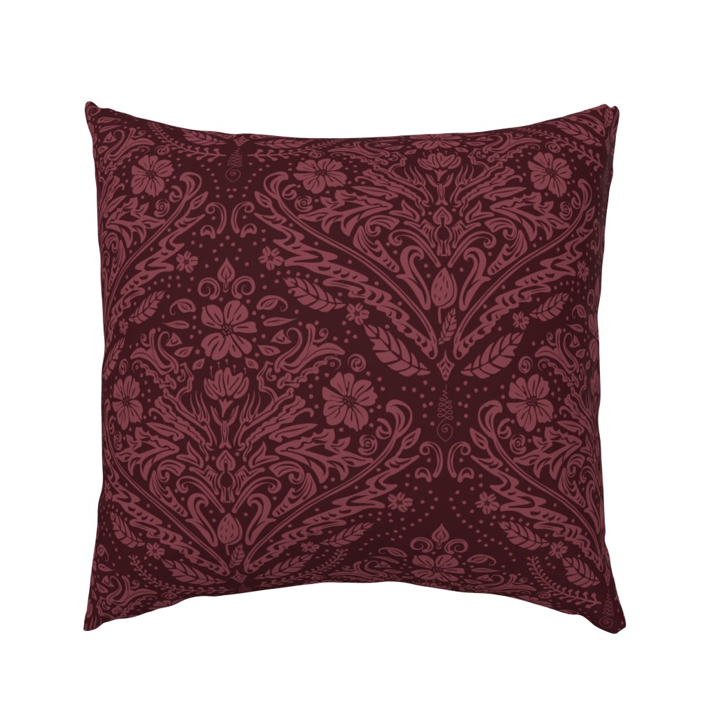 modern victorian damask, floral ornaments, dark red on burgundy - medium scale