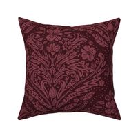 modern victorian damask, floral ornaments, dark red on burgundy - medium scale