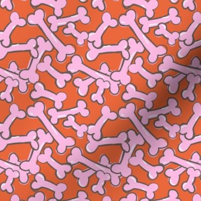 Tossed funky bones - cool nineties style retro dog bone design pink on tangerine orange