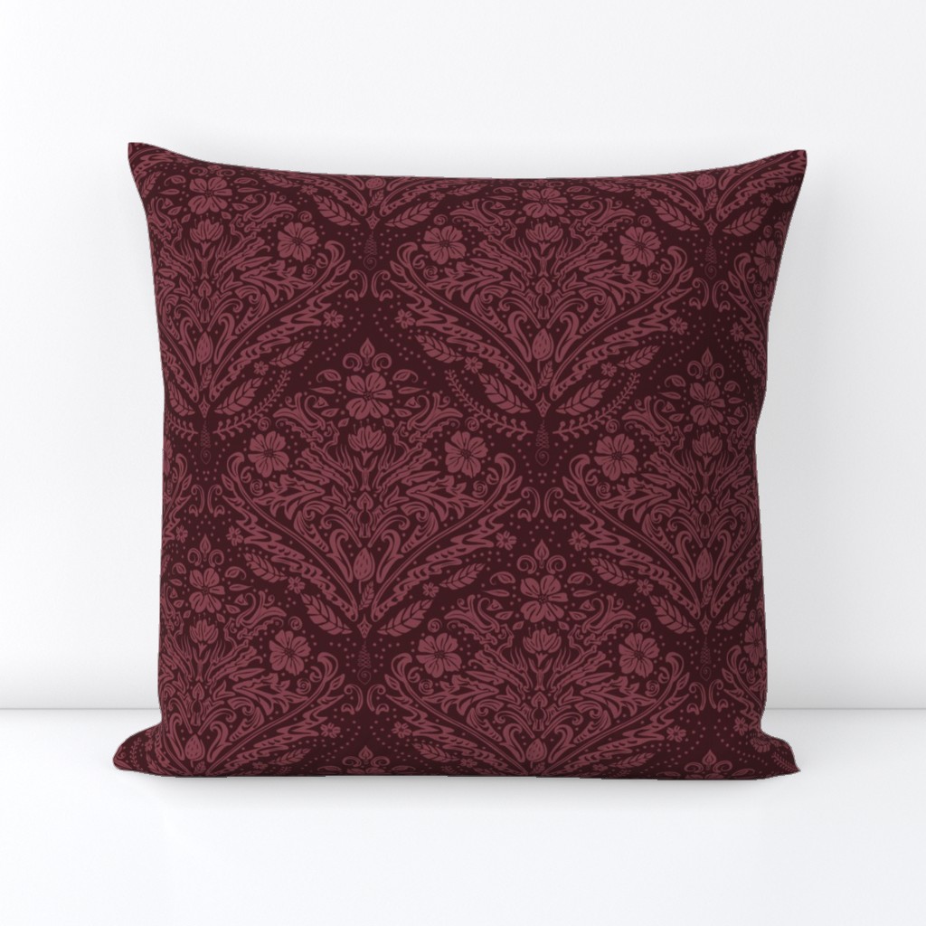 modern victorian damask, floral ornaments, dark red on burgundy - medium scale