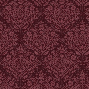 modern victorian damask, floral ornaments, dark red on burgundy - medium scale