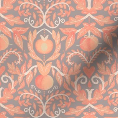 Peach Fuzz Juicy Peach Damask on Medium Grey