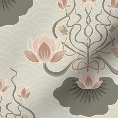 Serene Art Nouveau Lotus Flowers & Dragonfly in Light Green & Peachy Pink - 24'' repeatt