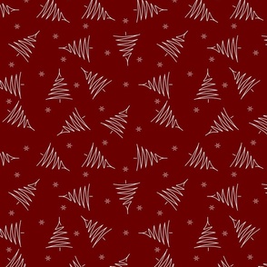 Small white trees and snowflakes on a Dark Red background. 