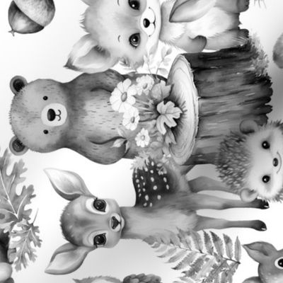 Woodland Forest Animals Gray Rotated