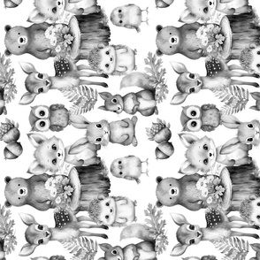 Woodland Forest Animals Gray Rotated
