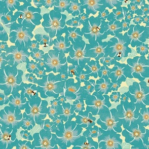 Turquoise blue and orange flowers on light yellow with bumble bees -All Over Floral with Pollinators