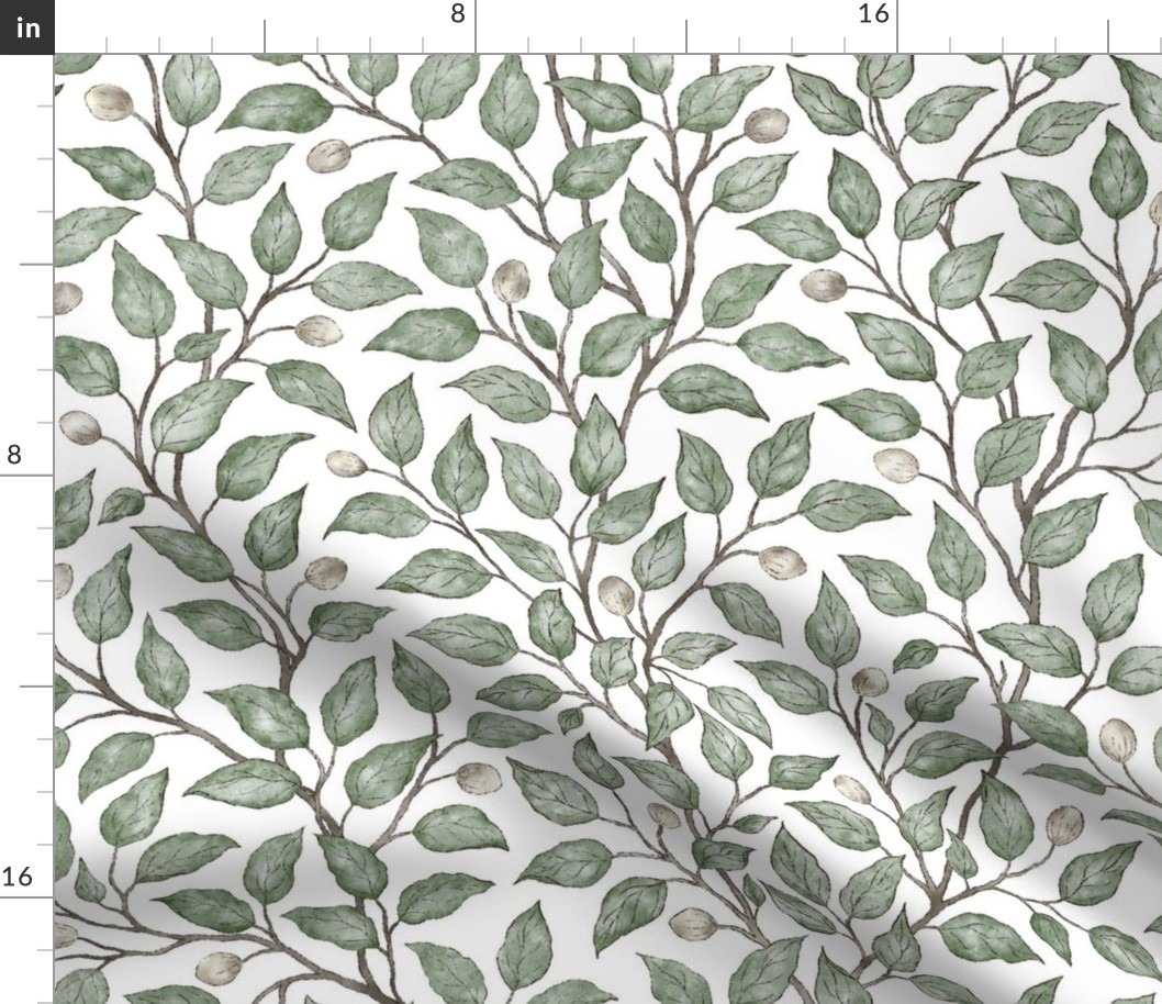 (L) Green watercolor  leaves on white background L scale