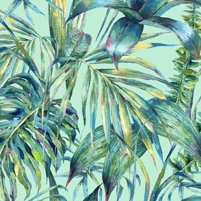 Watercolor green tropical leaves on mint