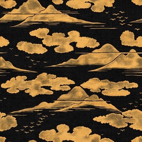 Golden Mountains and Clouds on black in Japanese Lacquer Box style