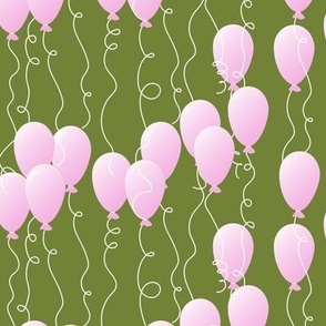 1-Inch Floating Pastel Pink Balloons with White Streamers Against Apple Green
