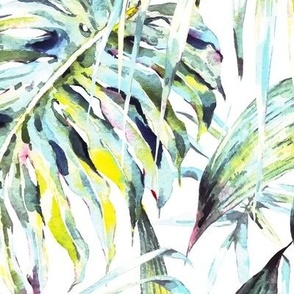 Bright watercolor green tropical leaves on white