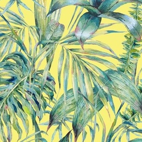 Yellow watercolor green tropical leaves