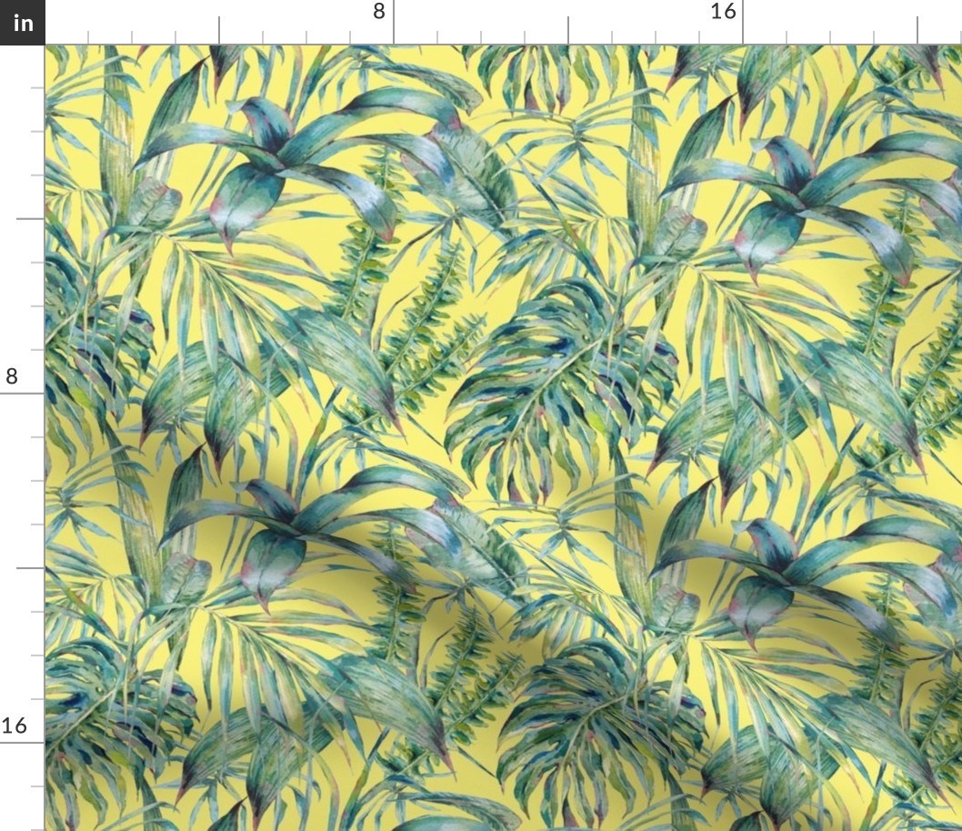 Yellow watercolor green tropical leaves