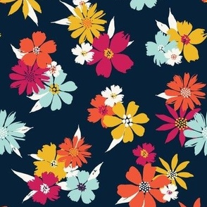 M-LAY ME DOWN IN THE FLOWERS_1A--floral-botanical-flower-dark blue-hot pink-graphic flowers-yellow-turquoise
