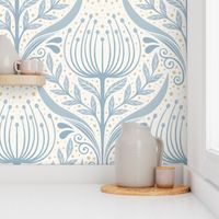 Serene floral garden blue, gold and cream - home decor - wallpaper - curtains- bedding - whimsical.