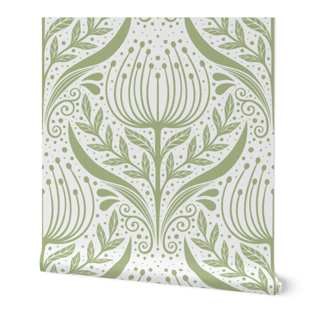 Serene floral garden green and cream - home decor - wallpaper - curtains- bedding - whimsical.