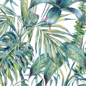 Watercolor green tropical leaves on white