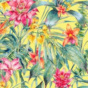 Watercolor tropical flowers  and leaves on yellow
