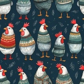 chickens in winter jumpers 