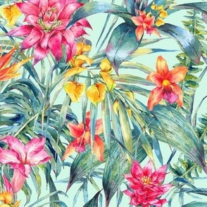 Watercolor tropical flowers  and leaves on mint
