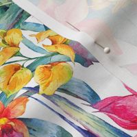 Watercolor tropical flowers  and leaves on white - L