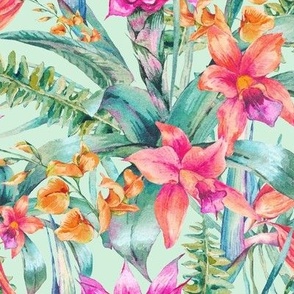 Watercolor tropical flowers  and leaves on mint - L