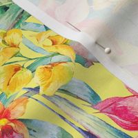 Watercolor tropical flowers  and leaves on yellow - L