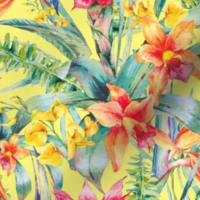 Watercolor tropical flowers  and leaves on yellow - L