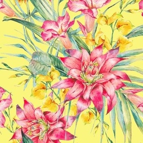 Watercolor tropical pink flowers  and leaves on yellow