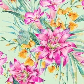 Watercolor tropical pink flowers  and leaves on mint