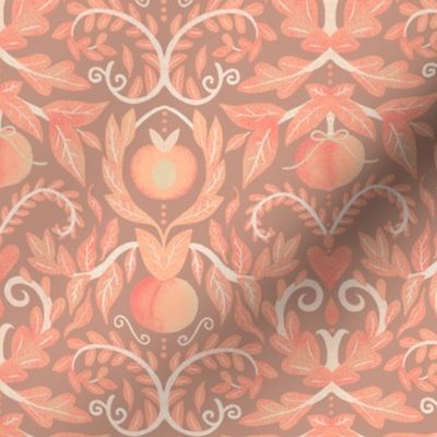 Peach Fuzz Juicy Peach Damask on Soft Cocoa