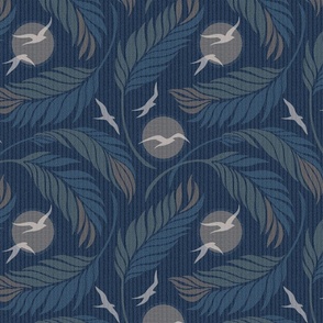 Soaring Seabirds and Swaying Palms, Medium Scale - Navy, Green, Gold
