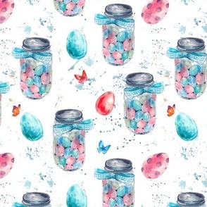 Watercolor marmalades  jar and colored Easter eggs on white