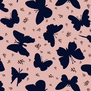 Dark Blue Butterfly Silhouette  Pink Background 