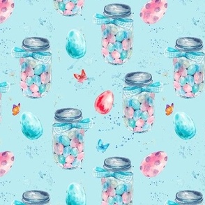 Watercolor marmalades  jar and colored Easter eggs on blue