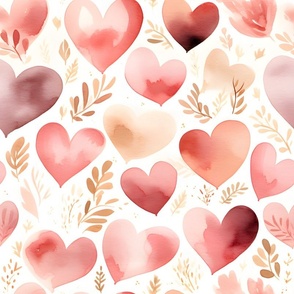 Watercolor Hearts & Leaves on White - large