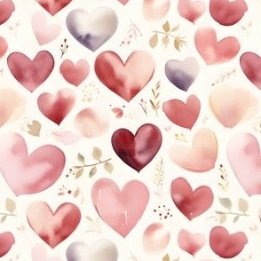 Watercolor Hearts & Leaves on White - small