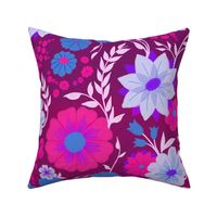 Spring Floral in Hot Pink with Purple and Blue on Plum // Large Scale