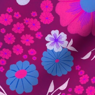 Spring Floral in Hot Pink with Purple and Blue on Plum // Large Scale