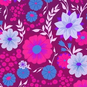 Spring Floral in Hot Pink with Purple and Blue on Plum // Larger Scale