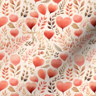 Watercolor Hearts & Leaves on Cream - small