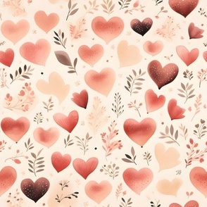Watercolor Hearts & Leaves on Cream - medium