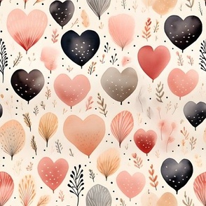 Watercolor Hearts & Leaves on Cream - medium