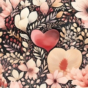 Watercolor Hearts & Flowers on Black - medium