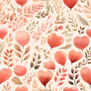Watercolor Hearts & Leaves on Cream - large