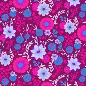 Spring Floral in Hot Pink with Purple and Blue on Plum // Medium Scale